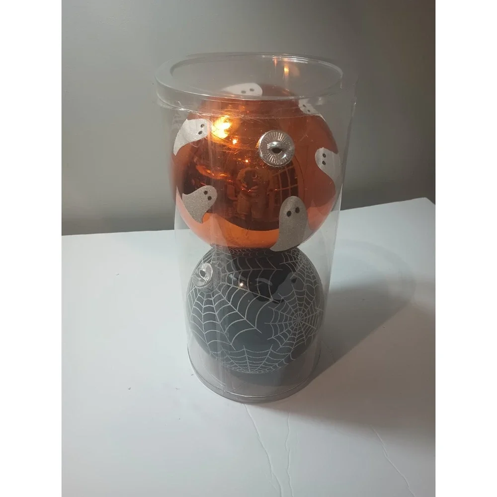 Ashland Halloween Glass Ornaments 2 Pc Large Orange Ghost Black Spider Web...